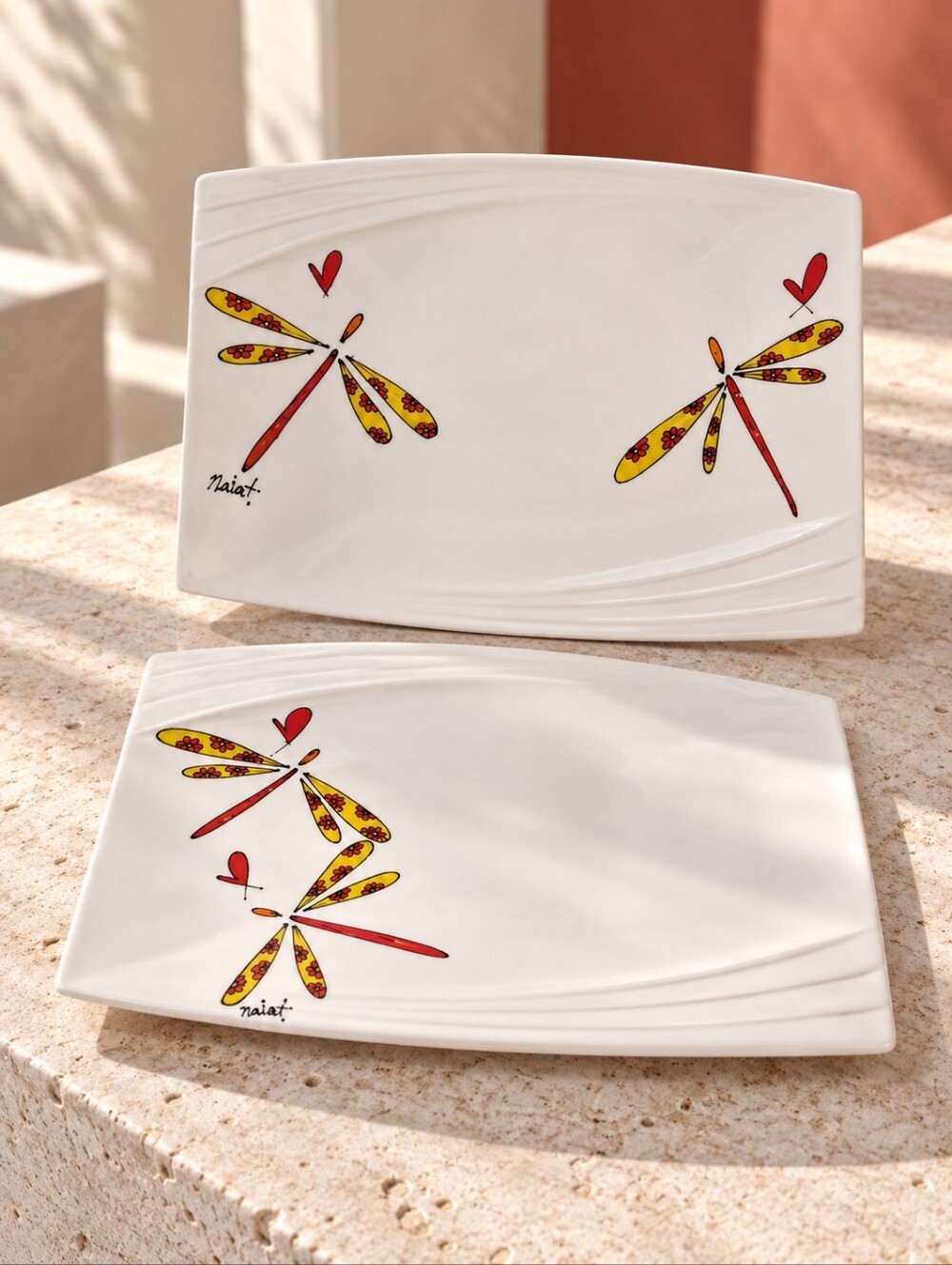 Verdici Design Hand Painted Dragonfly Porcelain Platters Artist Signed Pair